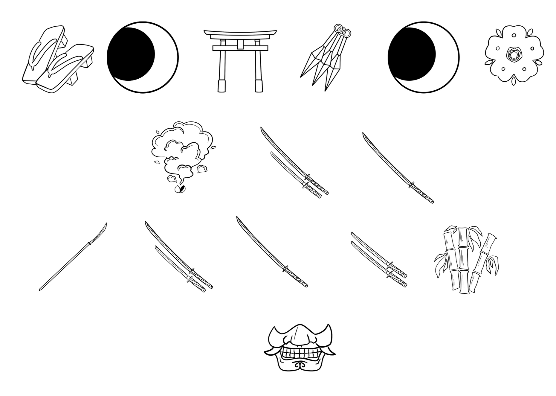 Left to right: smoke bomb, sword (left smaller than right), sword, sword (same size, bottom is lower), sword, sword (left smaller than right), sword, sword (same size, bottom is lower), oni mouth